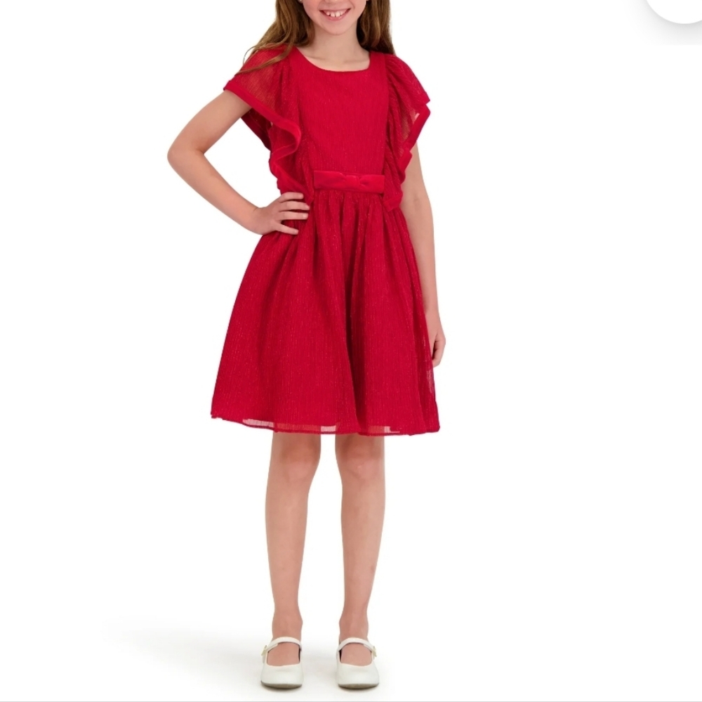Kensie Girl Metallic Pleated Dress, Size 8 Red